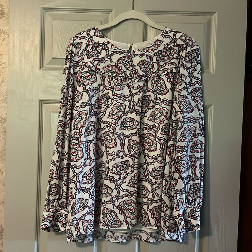 Talbots Red, White, Blue Paisley long sleeve ruffle yoke blouse
